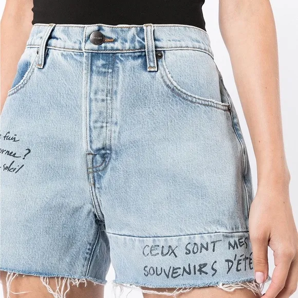 FRAME WOMENS LE SLOUCH SIGNATURE WRITING CUTOFF DENIM SHORTS BLUE SZ 32 (12) NEW