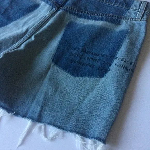 FRAME WOMENS LE SLOUCH SIGNATURE WRITING CUTOFF DENIM SHORTS BLUE SZ 32 (12) NEW