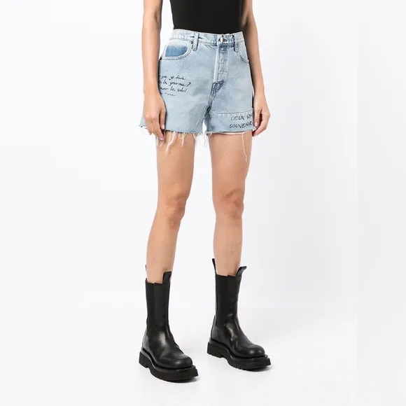 FRAME WOMENS LE SLOUCH SIGNATURE WRITING CUTOFF DENIM SHORTS BLUE SZ 32 (12) NEW