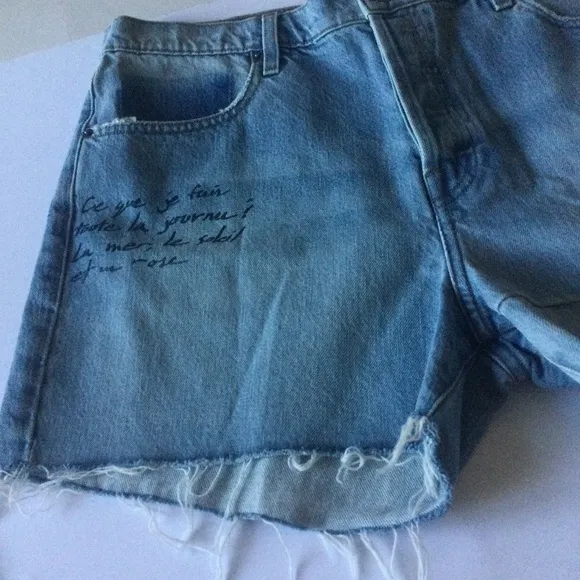 FRAME WOMENS LE SLOUCH SIGNATURE WRITING CUTOFF DENIM SHORTS BLUE SZ 32 (12) NEW