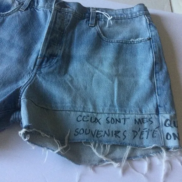 FRAME WOMENS LE SLOUCH SIGNATURE WRITING CUTOFF DENIM SHORTS BLUE SZ 32 (12) NEW