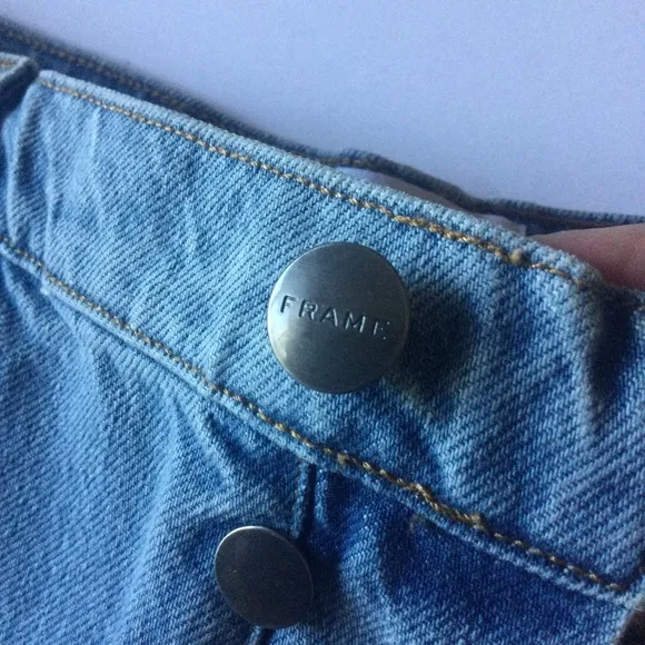 FRAME WOMENS LE SLOUCH SIGNATURE WRITING CUTOFF DENIM SHORTS BLUE SZ 32 (12) NEW