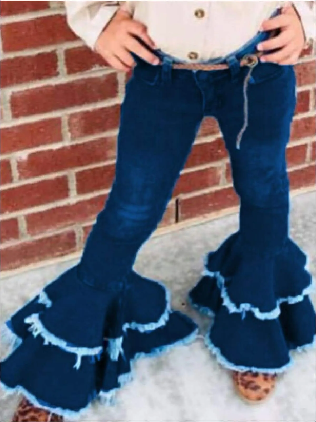 Girls Dark Denim Frayed Edge Bell Bottom Jeans