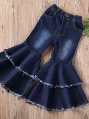 Girls Dark Denim Frayed Edge Bell Bottom Jeans