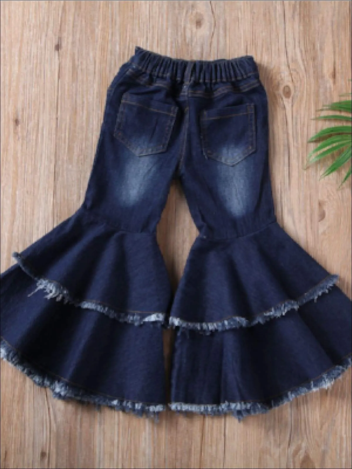 Girls Dark Denim Frayed Edge Bell Bottom Jeans