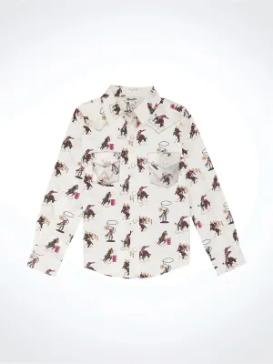 GIRLS WHITE WESTERN PRINT LONG SLEEVE SHIRT