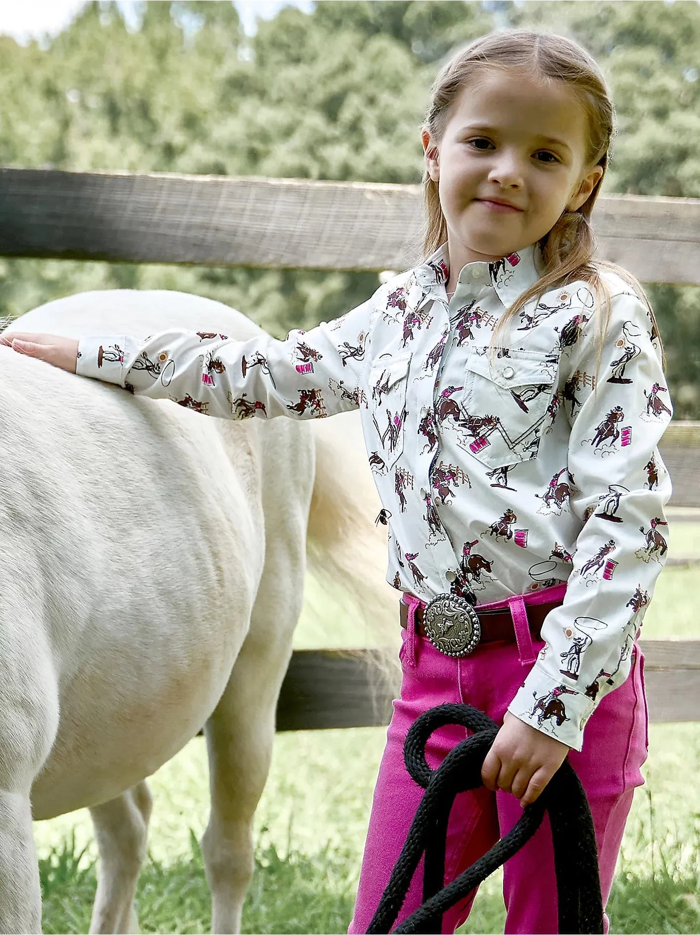GIRLS WHITE WESTERN PRINT LONG SLEEVE SHIRT