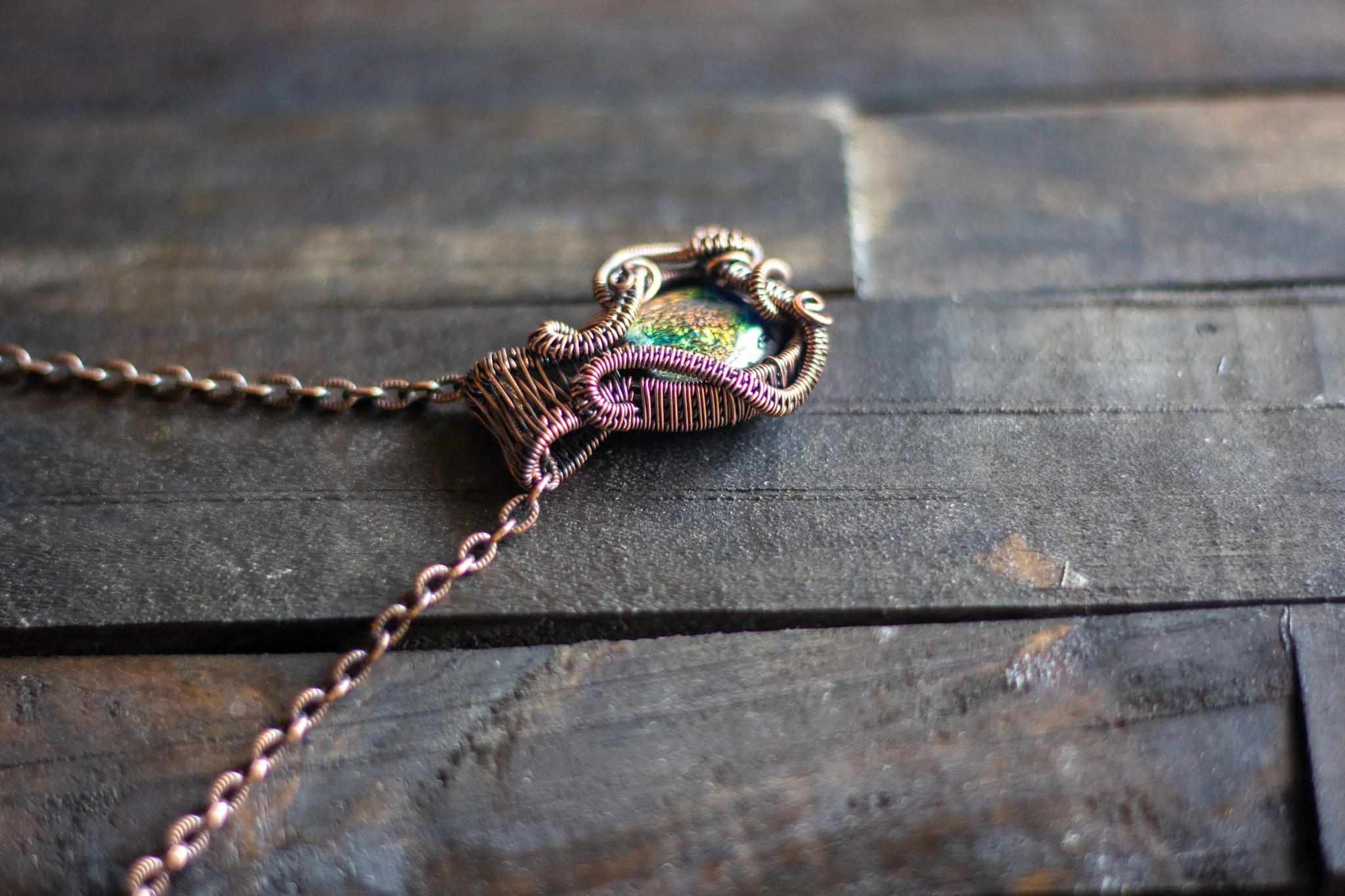 Golden Sunset Dichroic Glass Pendant with Copper Wire Wrapping