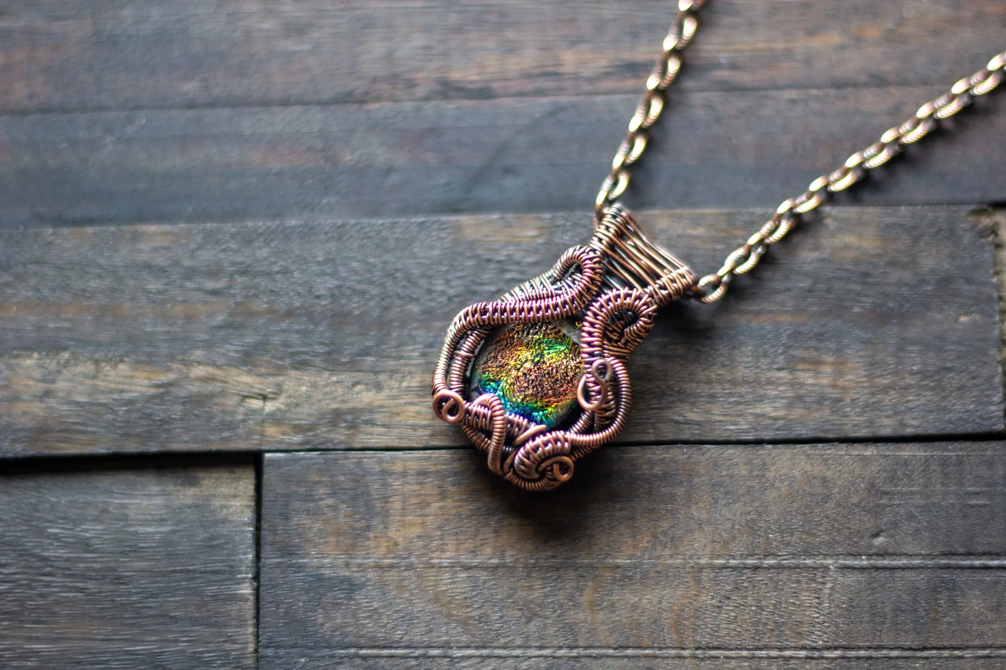 Golden Sunset Dichroic Glass Pendant with Copper Wire Wrapping