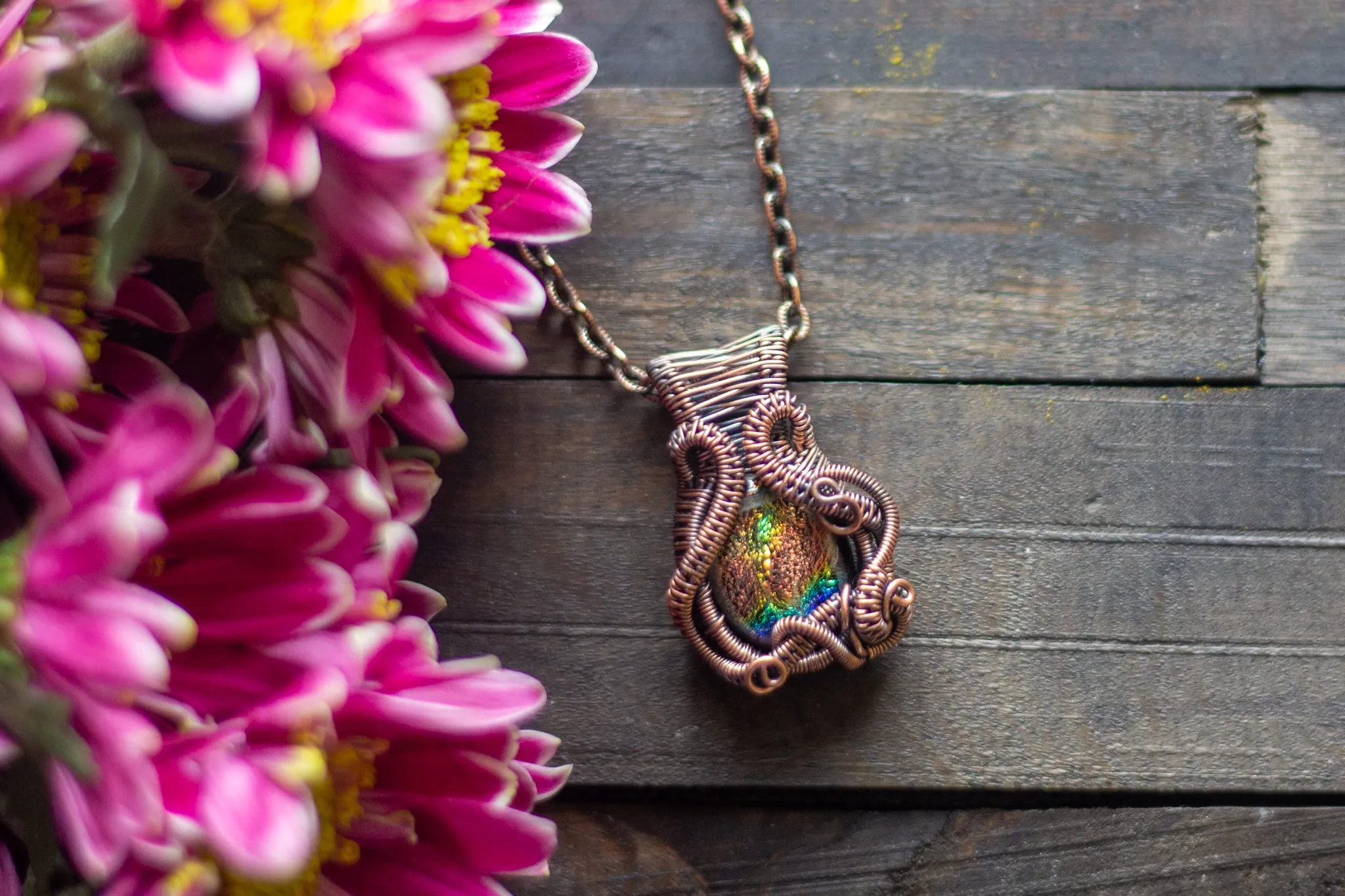 Golden Sunset Dichroic Glass Pendant with Copper Wire Wrapping