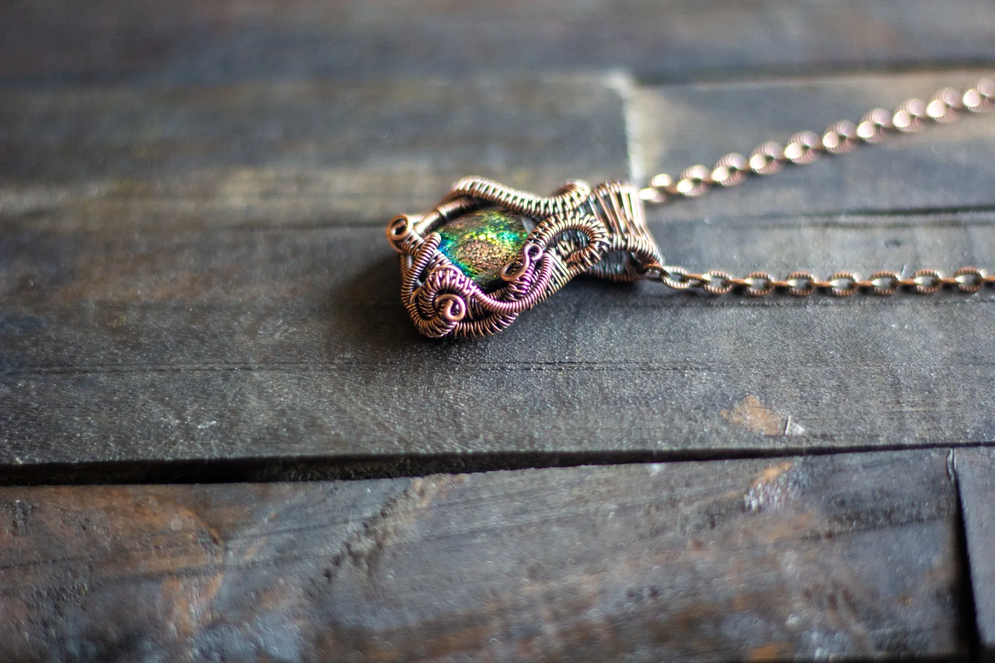 Golden Sunset Dichroic Glass Pendant with Copper Wire Wrapping