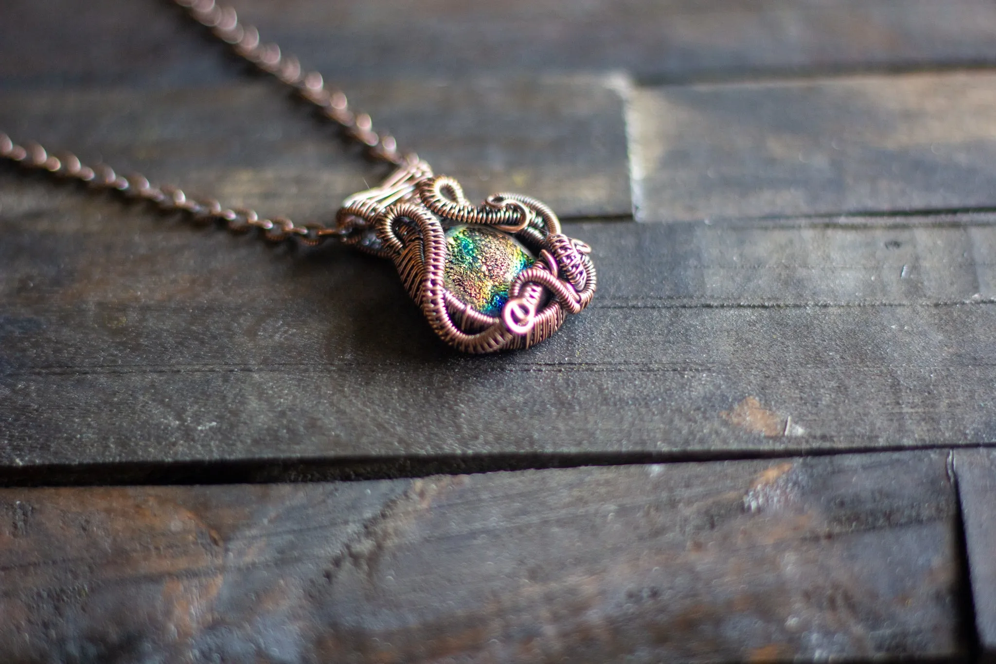 Golden Sunset Dichroic Glass Pendant with Copper Wire Wrapping
