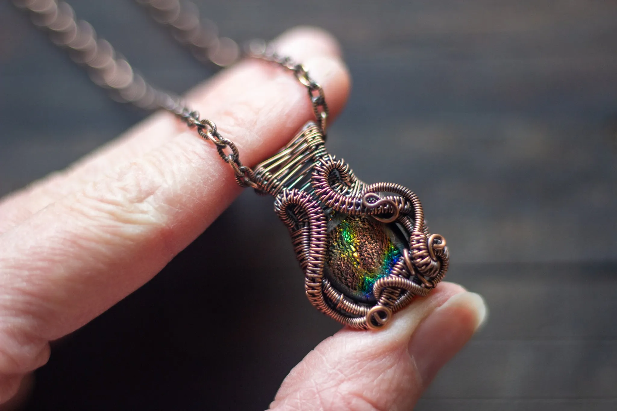 Golden Sunset Dichroic Glass Pendant with Copper Wire Wrapping