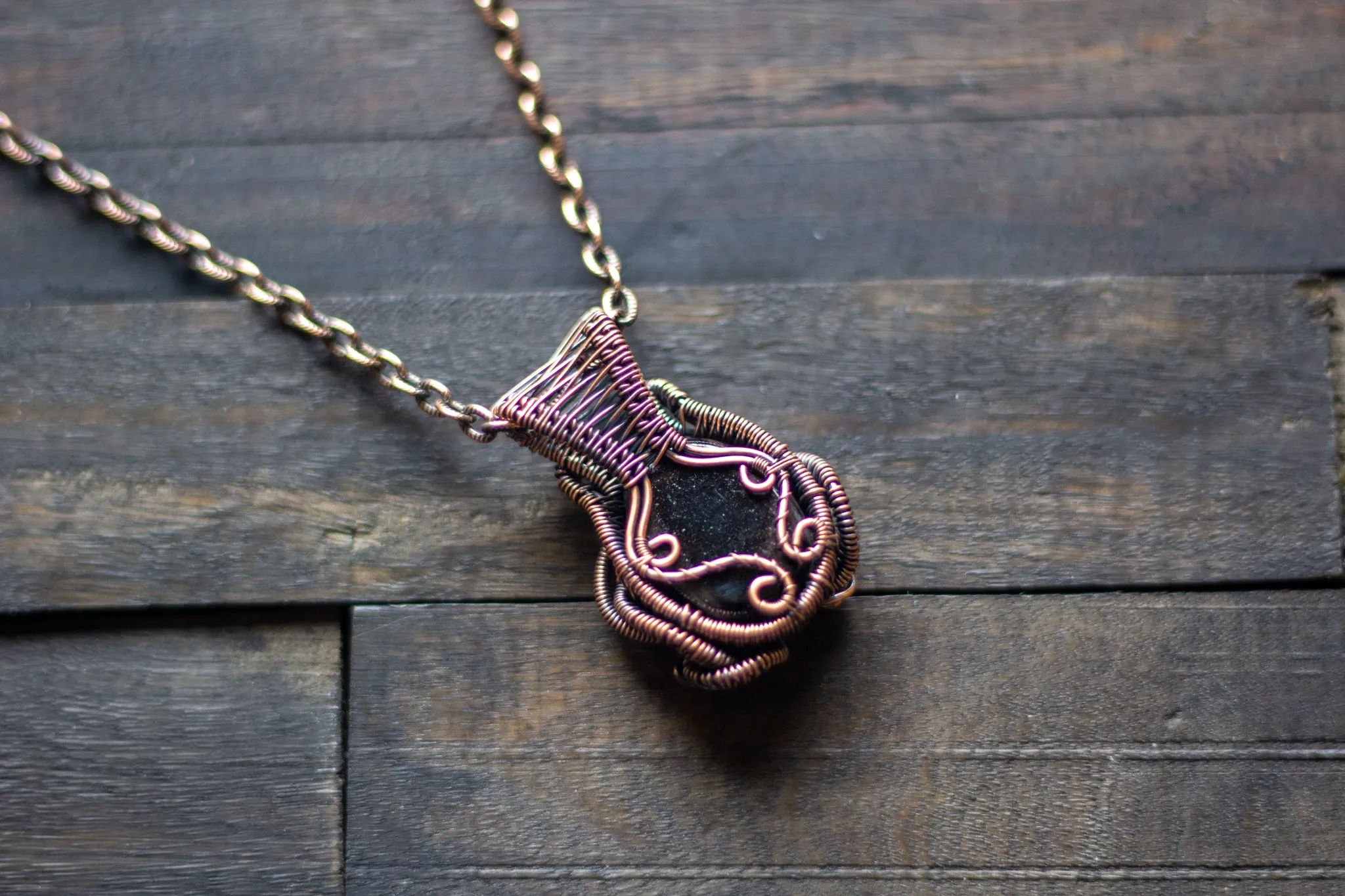 Golden Sunset Dichroic Glass Pendant with Copper Wire Wrapping