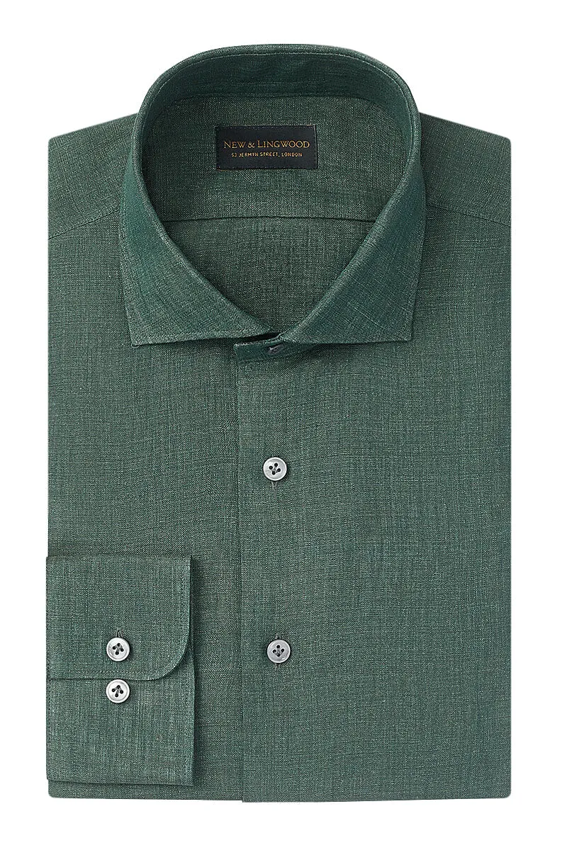 Green Cutaway Collar Standard Fit Linen Shirt