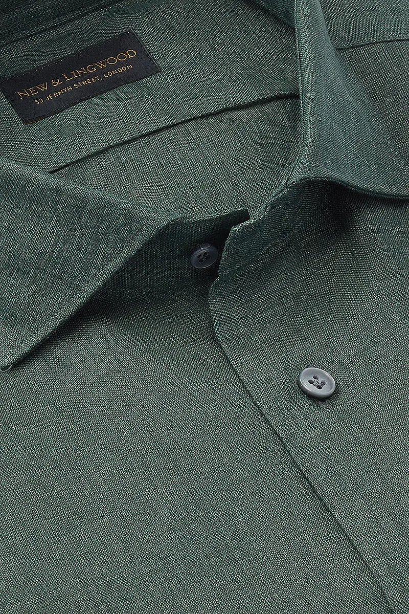 Green Cutaway Collar Standard Fit Linen Shirt