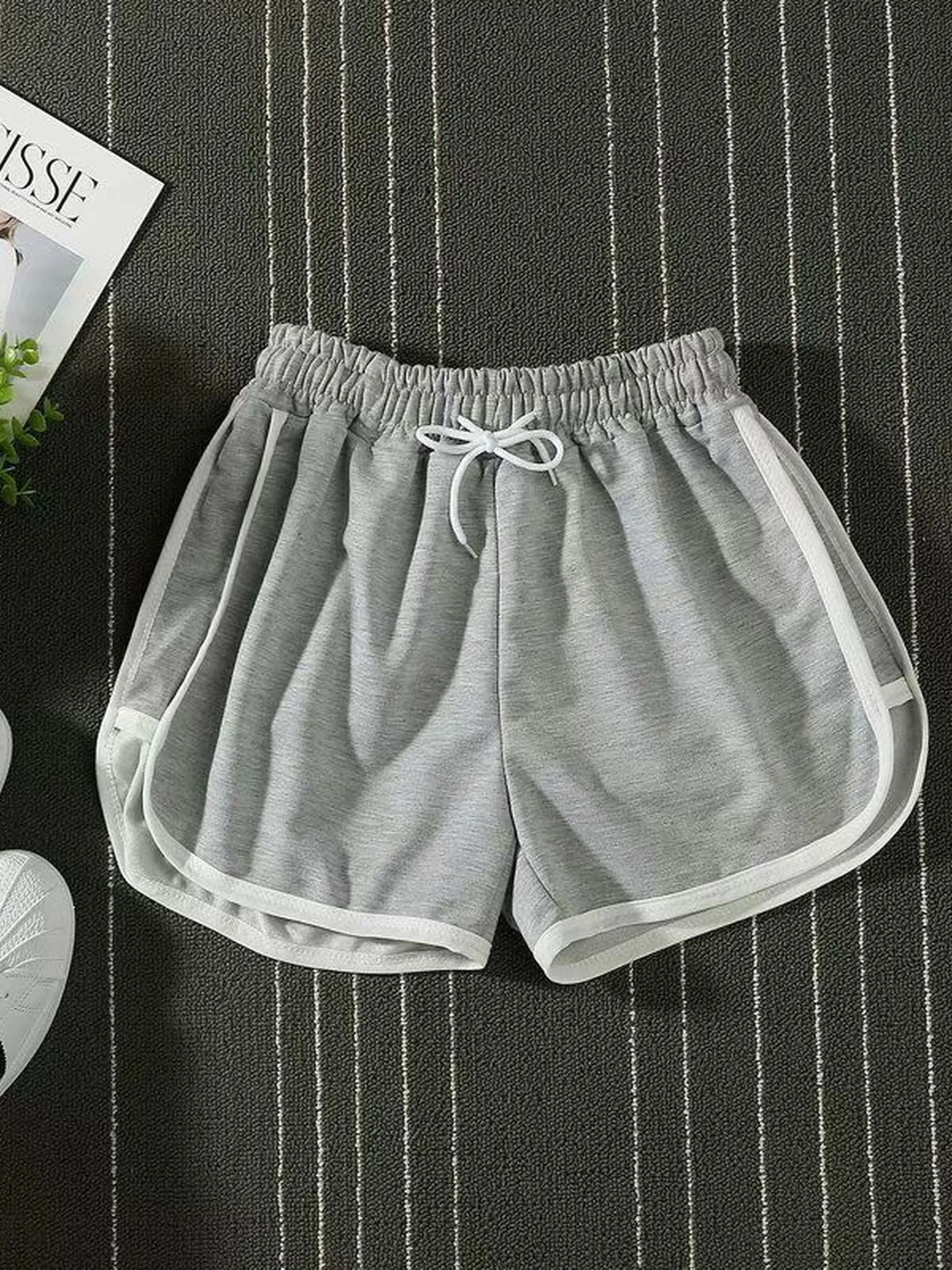 Grey Contrast Striped Shorts