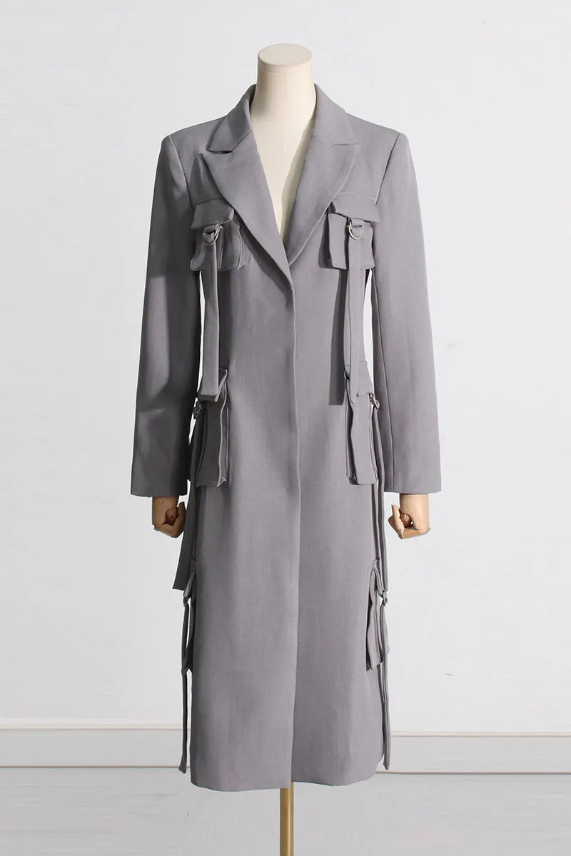 Grey Tassel Multi-Pocket Long Sleeve Blazer