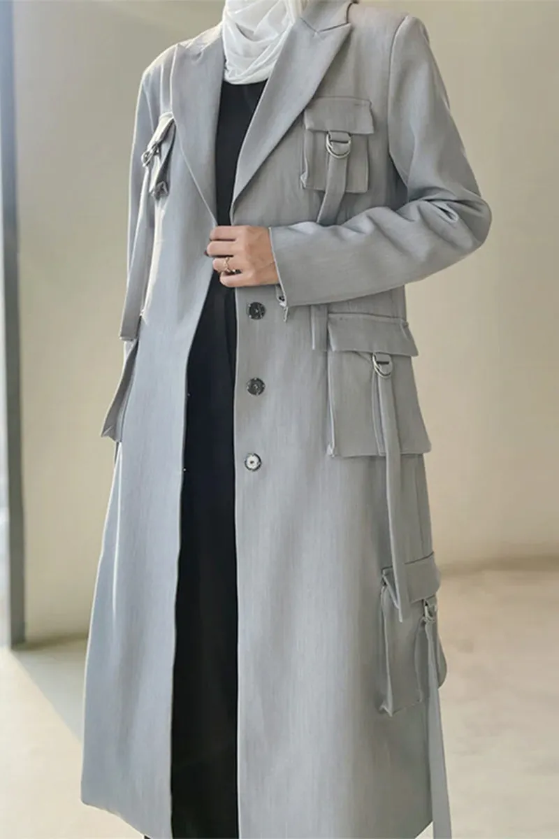 Grey Tassel Multi-Pocket Long Sleeve Blazer
