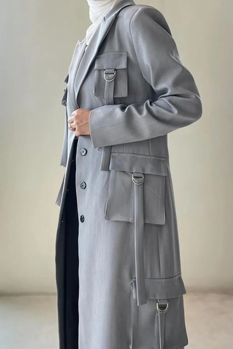 Grey Tassel Multi-Pocket Long Sleeve Blazer