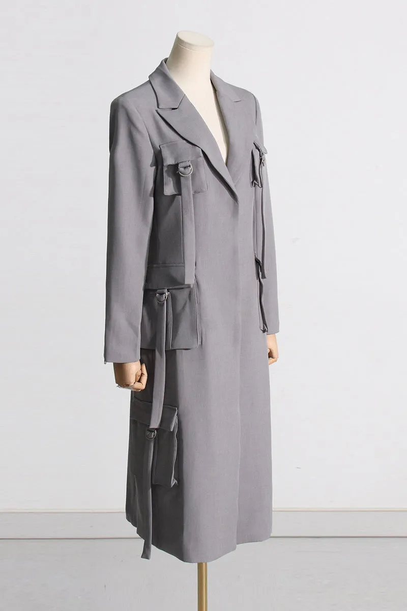 Grey Tassel Multi-Pocket Long Sleeve Blazer