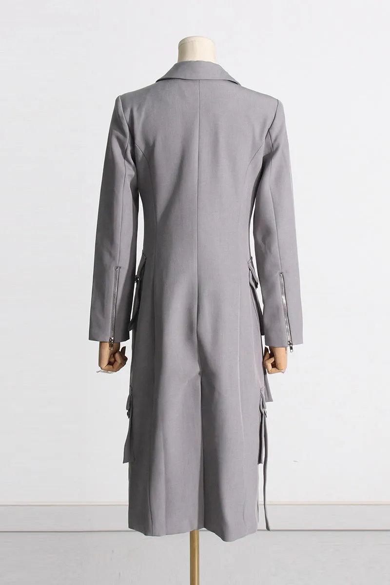 Grey Tassel Multi-Pocket Long Sleeve Blazer