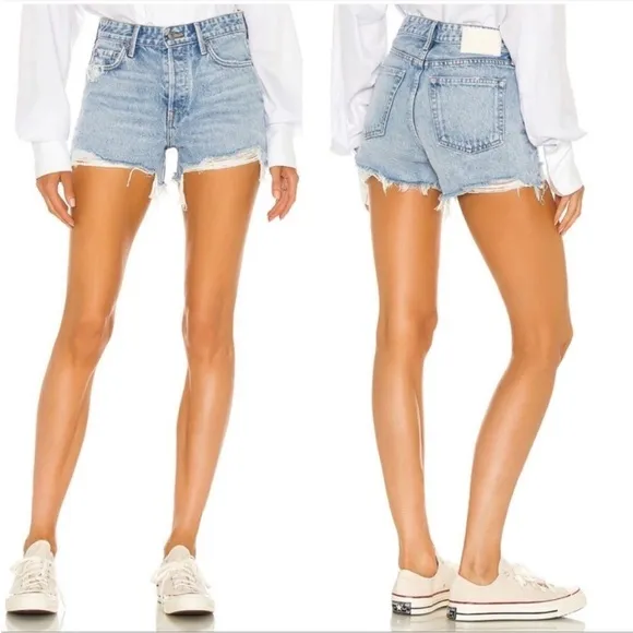 GRLFRND The Helena High Rise Cut Off Jean Shorts Palm Springs Light Wash Blue