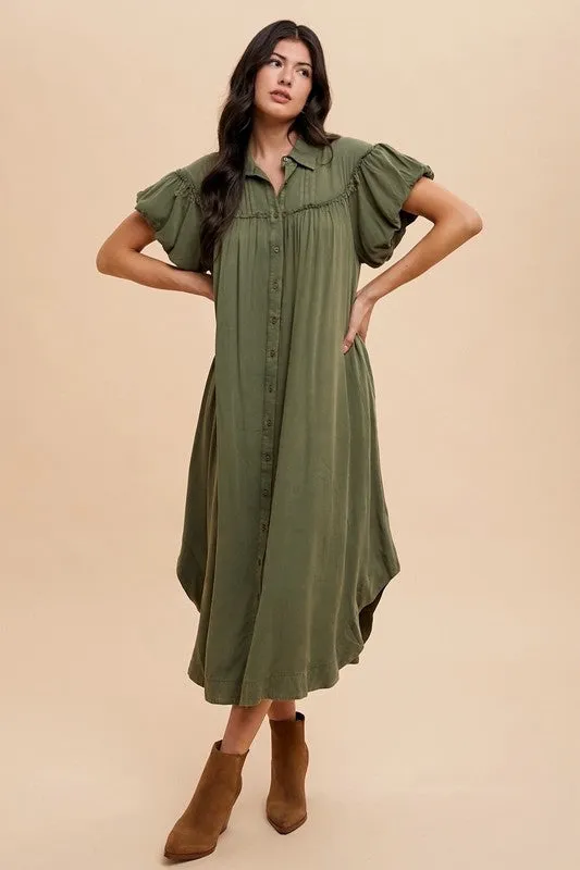 Hazel Blues® |  Annie Wear Mineral Washed Button Down Puff Sleeve Shirt Dress