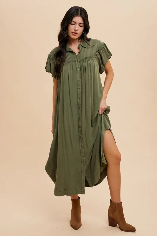 Hazel Blues® |  Annie Wear Mineral Washed Button Down Puff Sleeve Shirt Dress