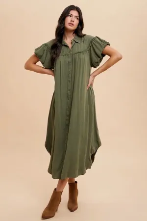 Hazel Blues® |  Annie Wear Mineral Washed Button Down Puff Sleeve Shirt Dress