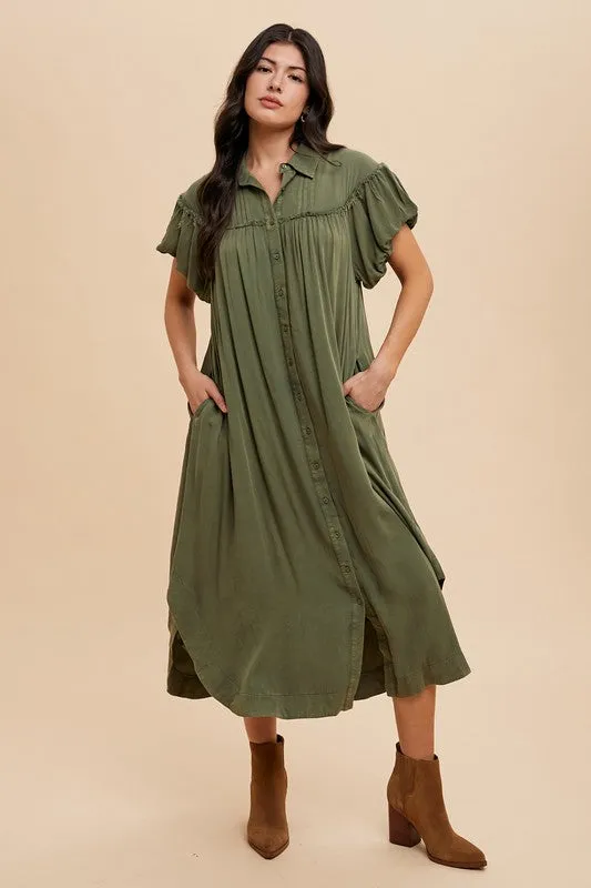 Hazel Blues® |  Annie Wear Mineral Washed Button Down Puff Sleeve Shirt Dress