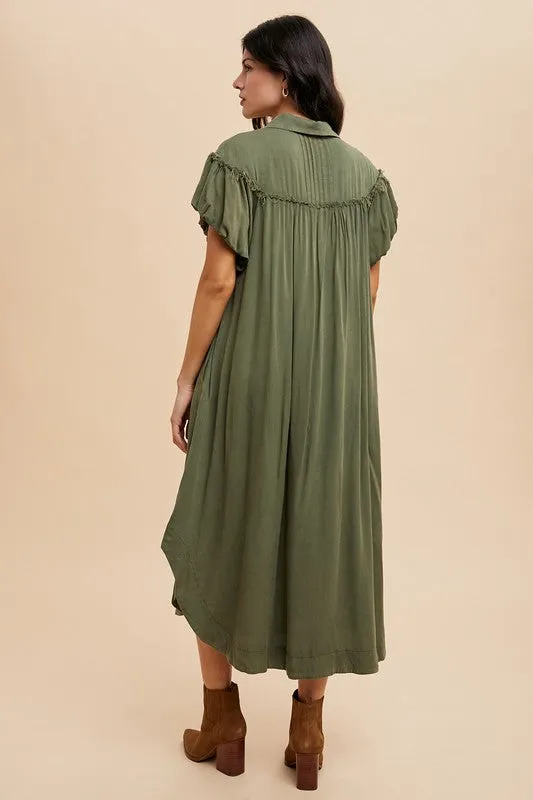 Hazel Blues® |  Annie Wear Mineral Washed Button Down Puff Sleeve Shirt Dress