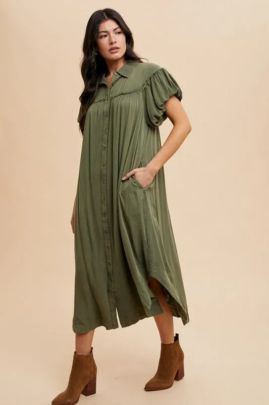 Hazel Blues® |  Annie Wear Mineral Washed Button Down Puff Sleeve Shirt Dress
