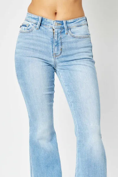 Hazel Blues® |  Judy Blue Mid Rise Raw Hem Slit Flare Jeans