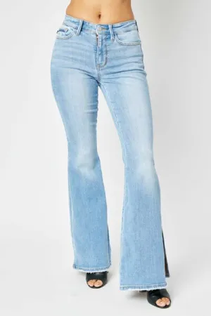 Hazel Blues® |  Judy Blue Mid Rise Raw Hem Slit Flare Jeans