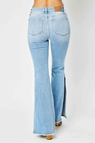 Hazel Blues® |  Judy Blue Mid Rise Raw Hem Slit Flare Jeans