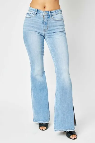 Hazel Blues® |  Judy Blue Mid Rise Raw Hem Slit Flare Jeans