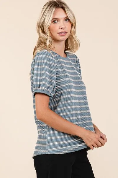 Hazel Blues® |  Mittoshop Contrast Striped Short Puff Sleeve Knit Top