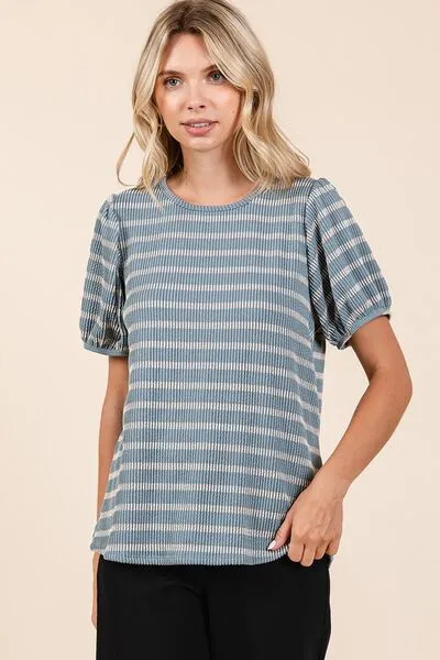 Hazel Blues® |  Mittoshop Contrast Striped Short Puff Sleeve Knit Top
