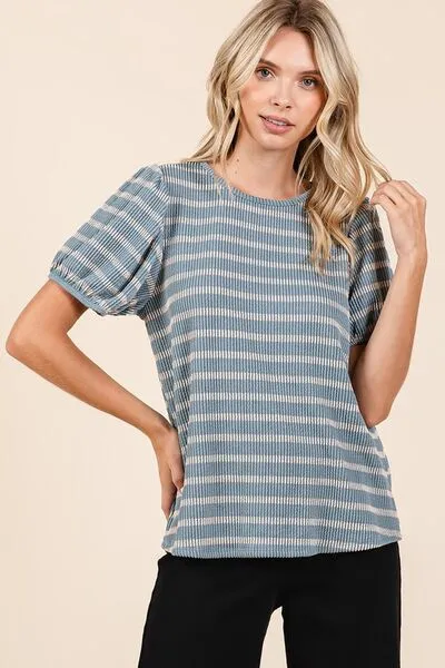 Hazel Blues® |  Mittoshop Contrast Striped Short Puff Sleeve Knit Top