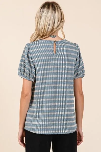 Hazel Blues® |  Mittoshop Contrast Striped Short Puff Sleeve Knit Top