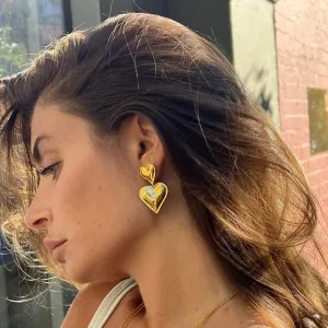 Heart Layered Drop Earrings - Polished Finish
