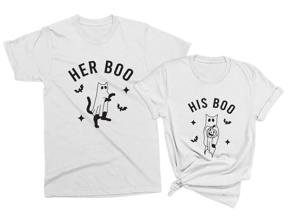 Her Boo & His Boo - Matching Halloween t-shirts for couples, Halloween gift for Him & Her, Honeymoon Outfit, Cat Ghost shirts