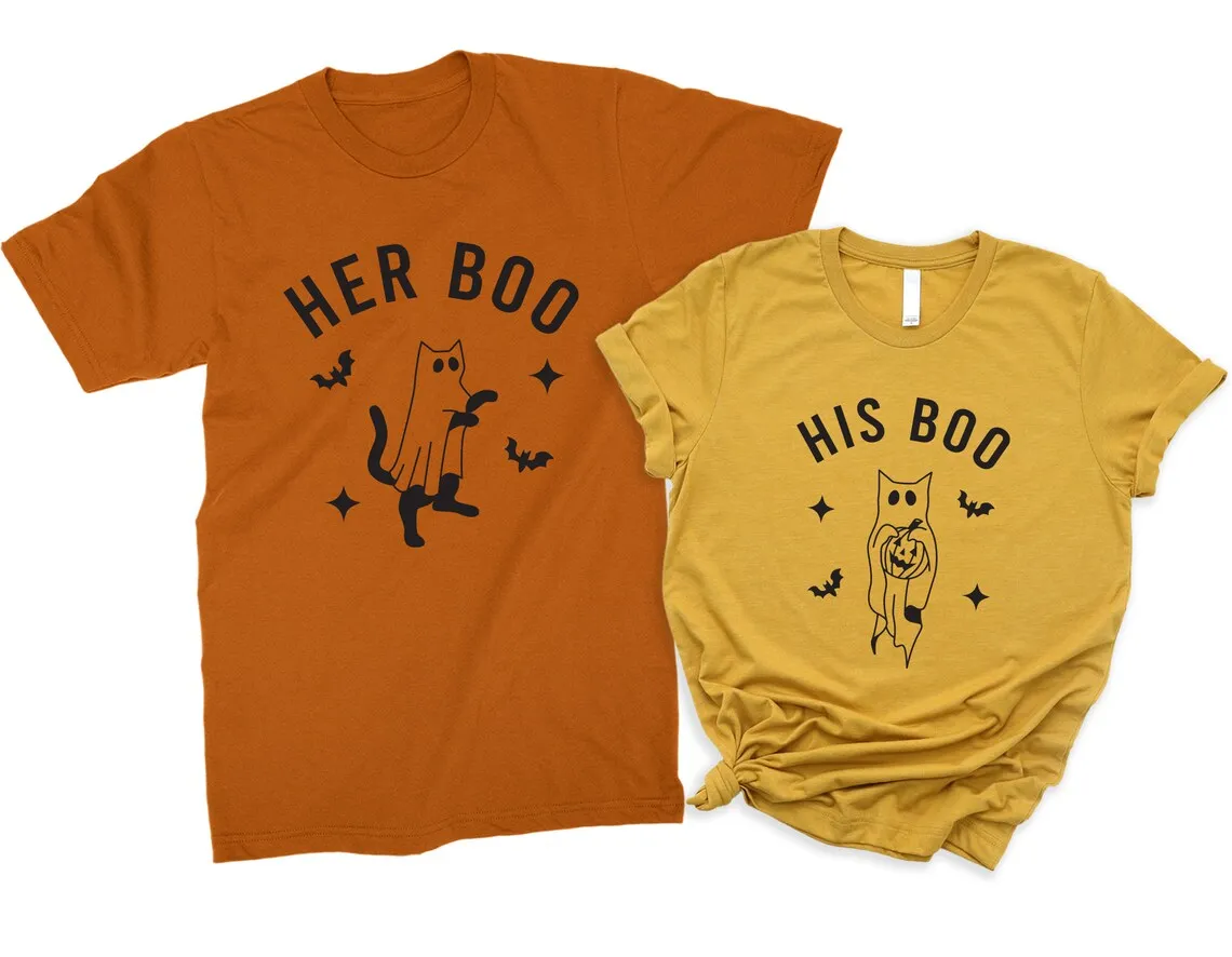 Her Boo & His Boo - Matching Halloween t-shirts for couples, Halloween gift for Him & Her, Honeymoon Outfit, Cat Ghost shirts
