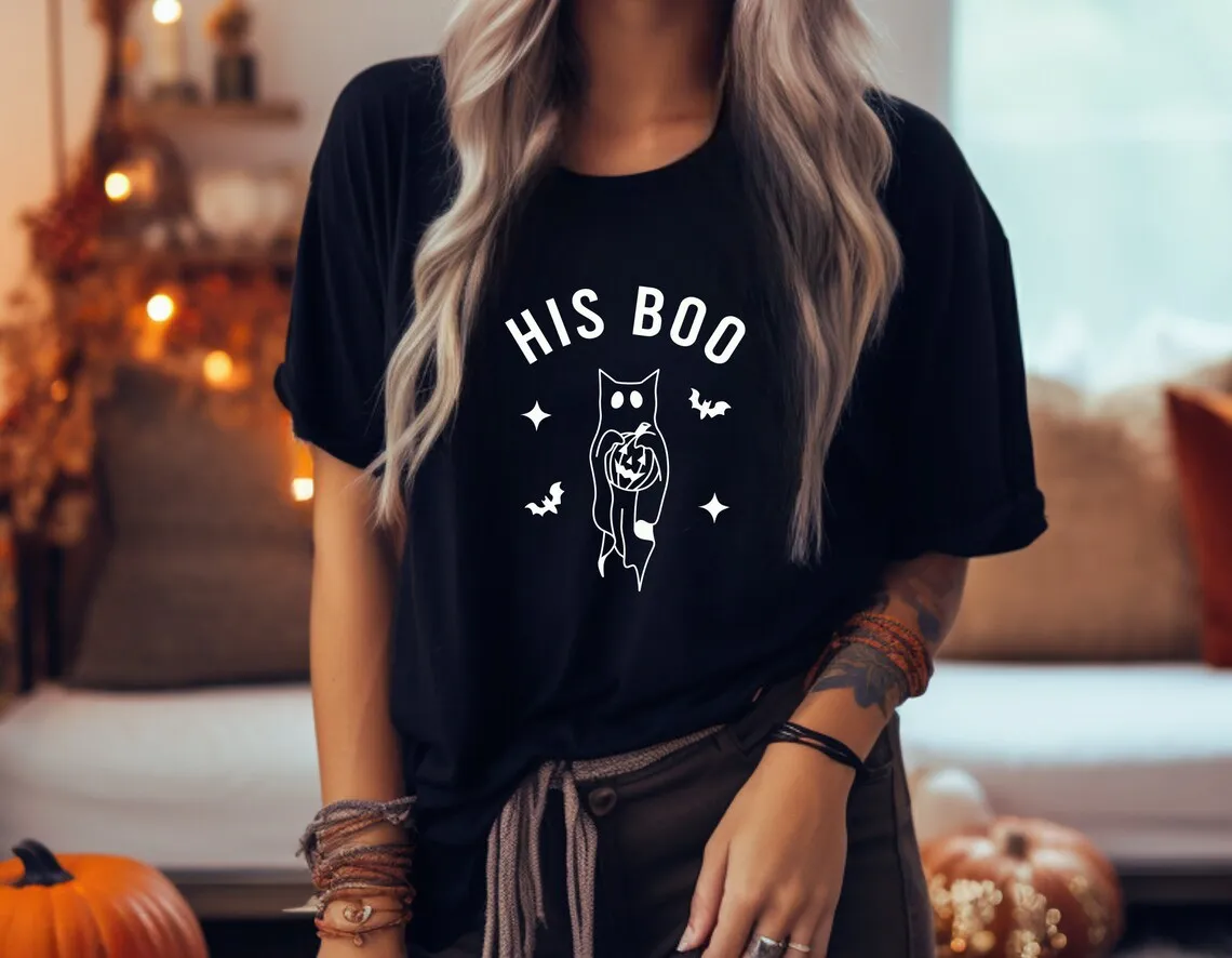 Her Boo & His Boo - Matching Halloween t-shirts for couples, Halloween gift for Him & Her, Honeymoon Outfit, Cat Ghost shirts