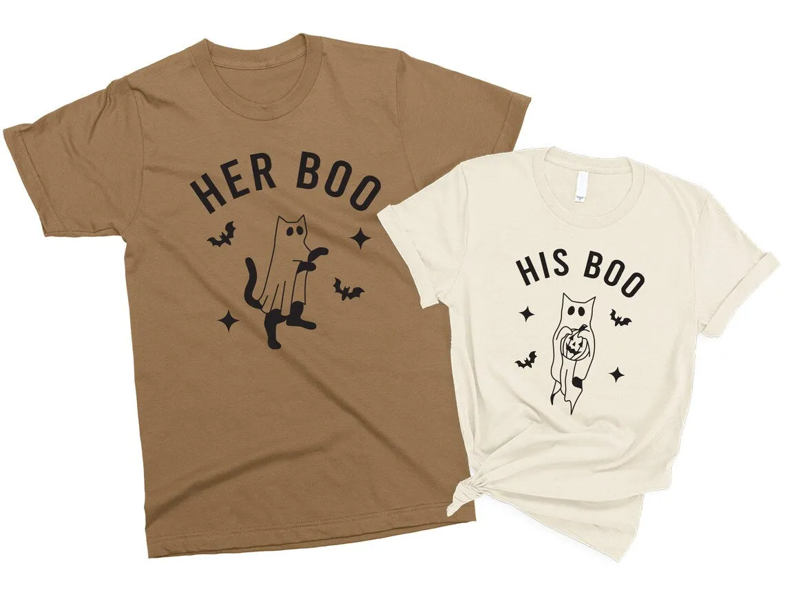 Her Boo & His Boo - Matching Halloween t-shirts for couples, Halloween gift for Him & Her, Honeymoon Outfit, Cat Ghost shirts