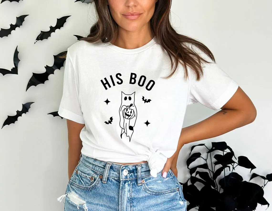 Her Boo & His Boo - Matching Halloween t-shirts for couples, Halloween gift for Him & Her, Honeymoon Outfit, Cat Ghost shirts