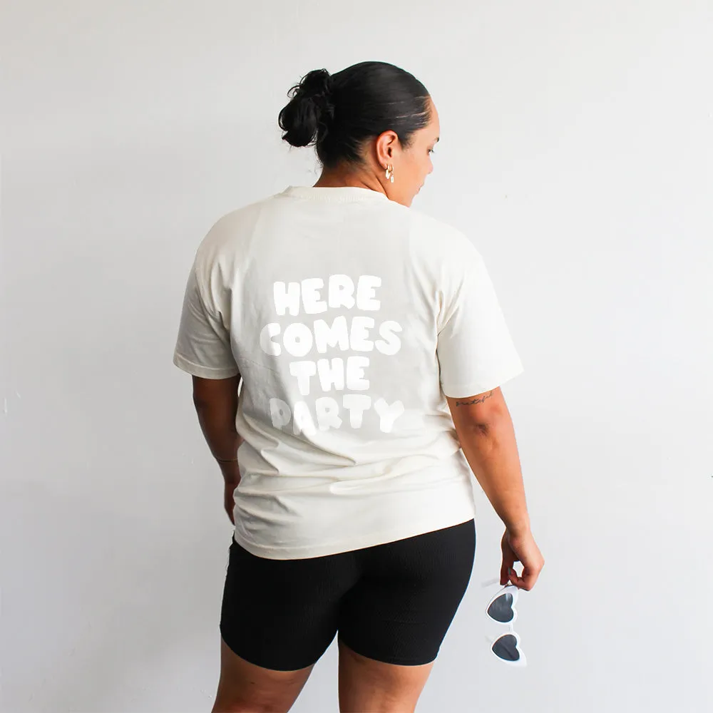 Here Comes The Party Tee | White on Ecru
