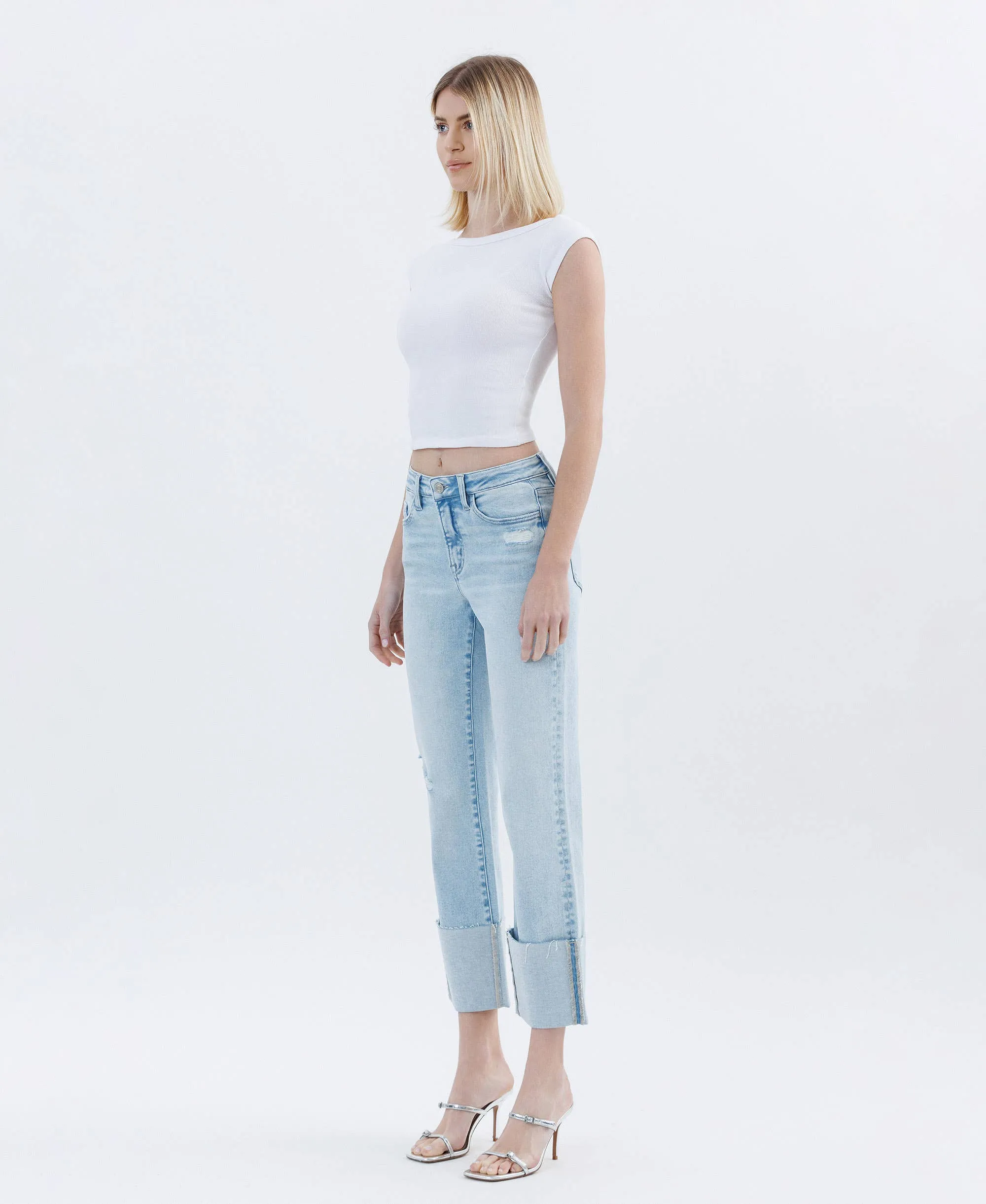 High Rise Cuffed Crop Straight Jeans