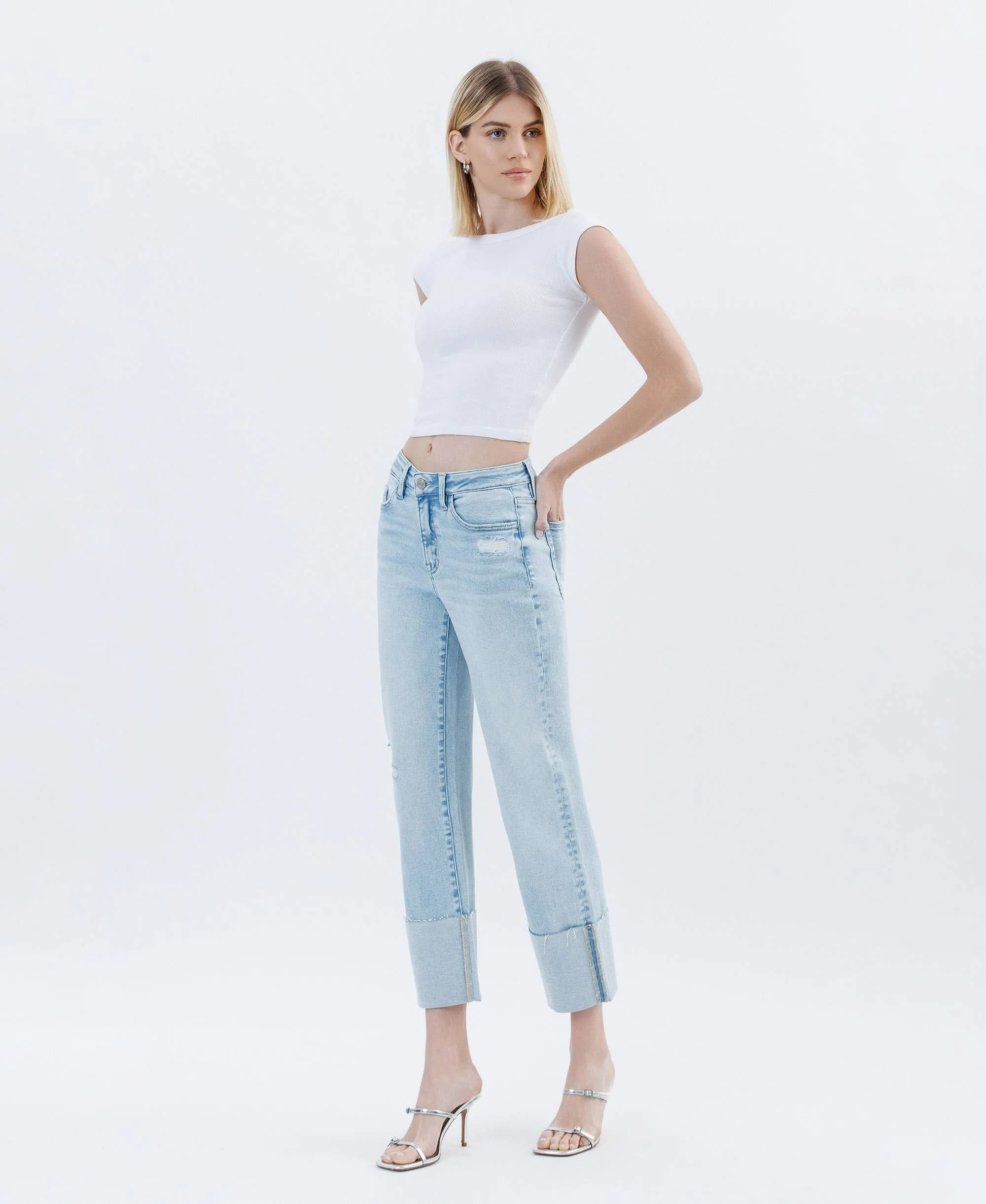 High Rise Cuffed Crop Straight Jeans